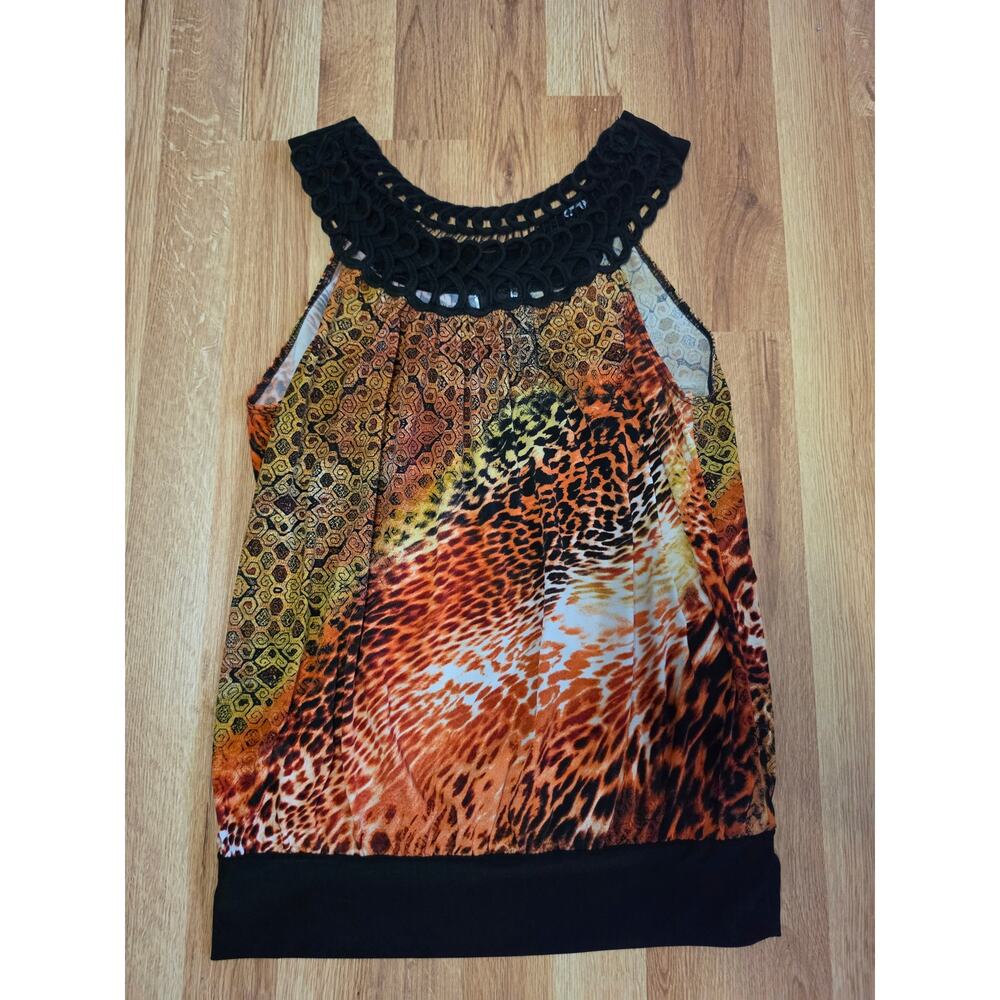 Animal Print Sleeveless Blouse Top Medium Crochet Neckline Brown Orange Size M